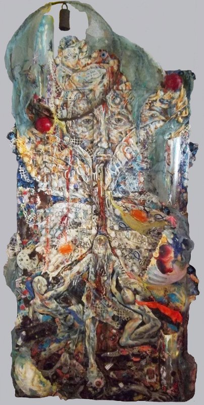 D'eau et de Sang. © Macha Volodina-Winterstein Enduits, collages, éléments installés, acryliques, huile, sur bois, 161x87 